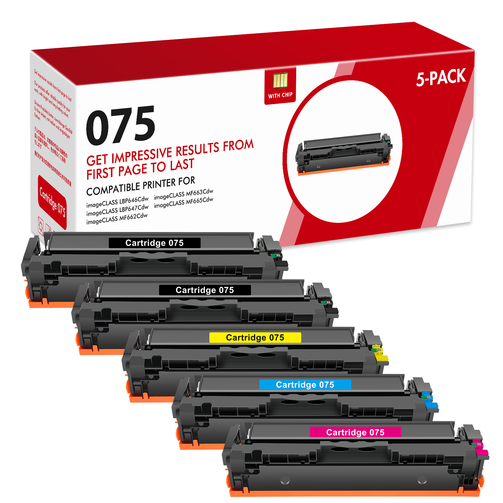 5 Pack 075 Toner Cartridge Set for Canon ImageCLASS LBP646Cdw